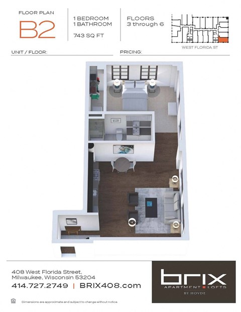 Floor plan for 1 bed, 1 bath, 743 sqft